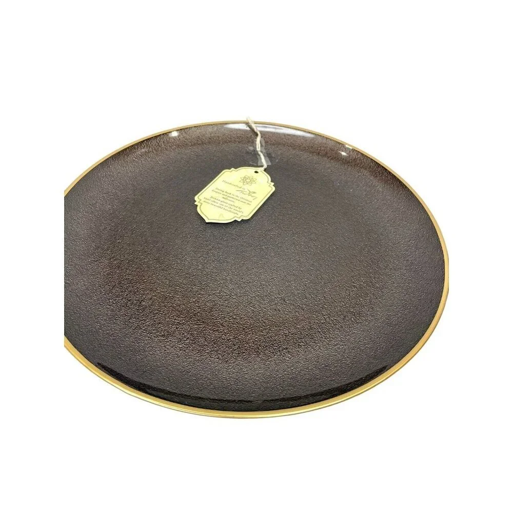 Turkish Glass 4 Charger Plates Set Brown Textured Gold Rim 13